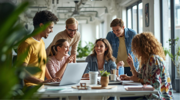 Generation Z employees collaborating around a laptop in a bright workplace